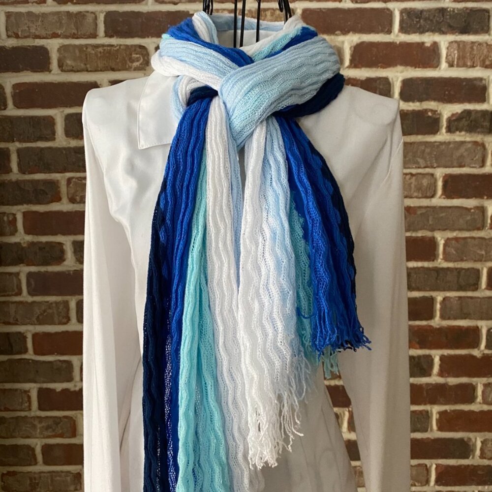 Vintage Chevron Knit Scarf, Extra Long Scarf 4 Shades of Blue Ombre Winter Scarf